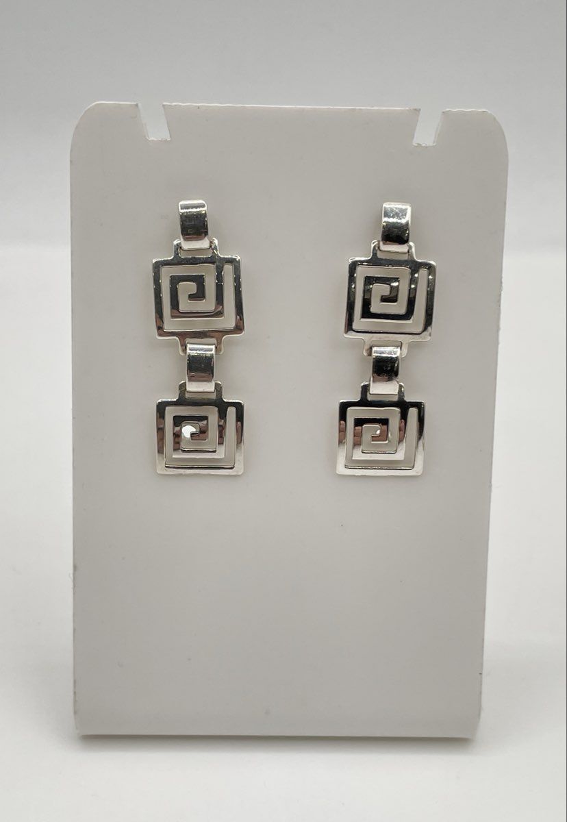 925 Sterling Silver Greek Key Meander Dangle Earrings 2.6g