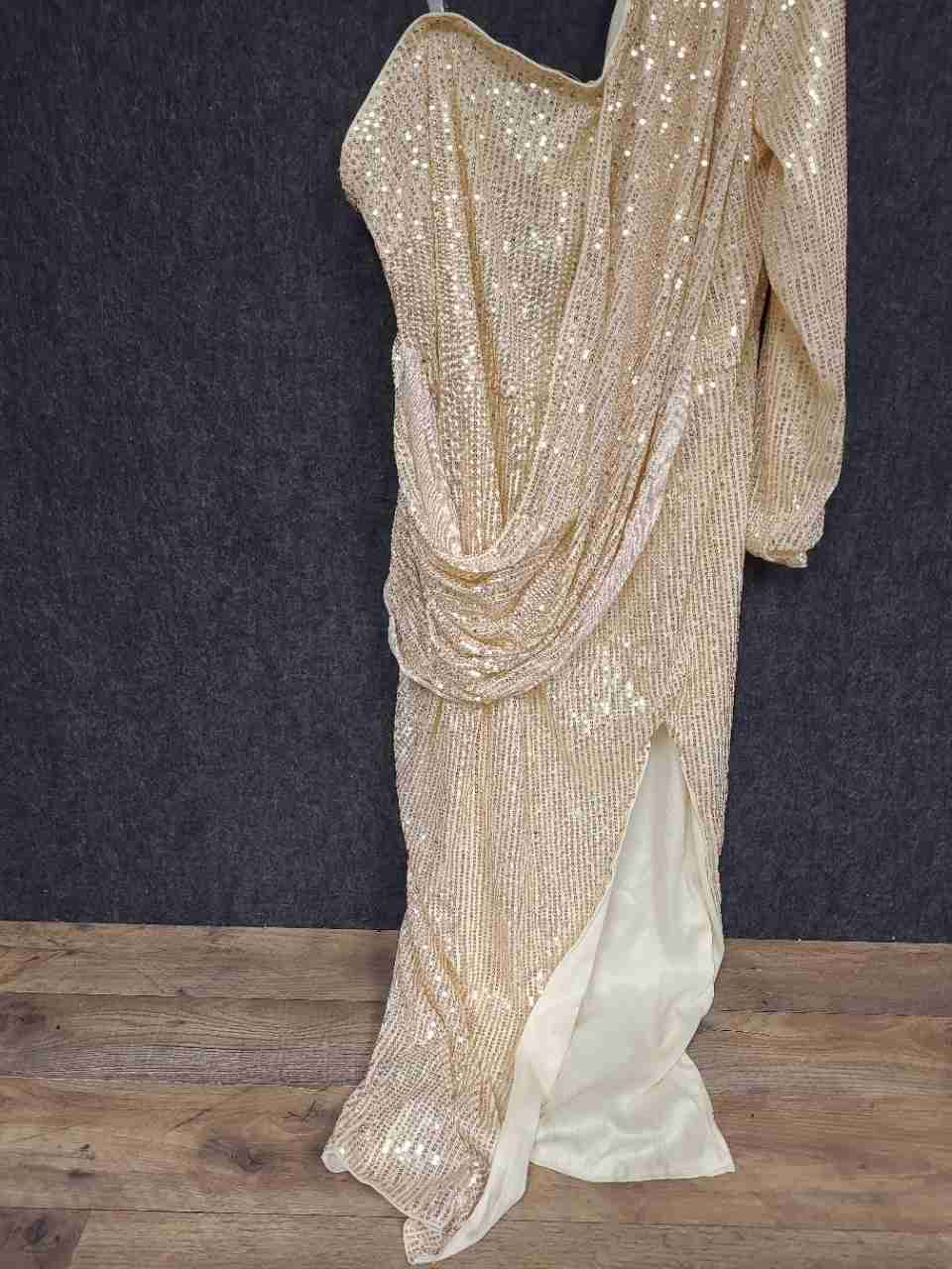XPLUSWEAR Women's Gold One Shoulder Sequin Maxi Dress Draped Slit Sz XL NWT