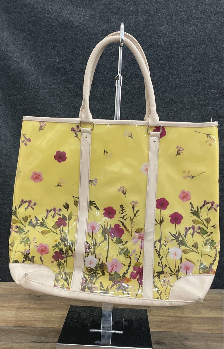 Yellow Floral Print Coated Canvas Tote Bag Large Flower Pattern Shoulder Bag
