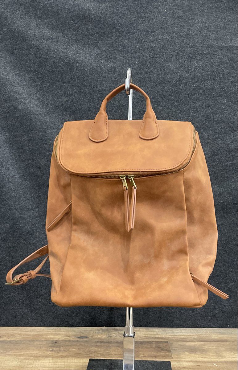 Unbranded Tan Faux Leather Minimalist Flap Backpack Bag Large Gold Hardware