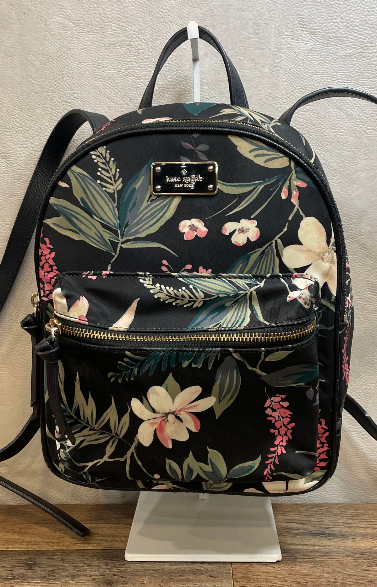 Kate Spade New York Black Floral Nylon Small Backpack Gold Hardware