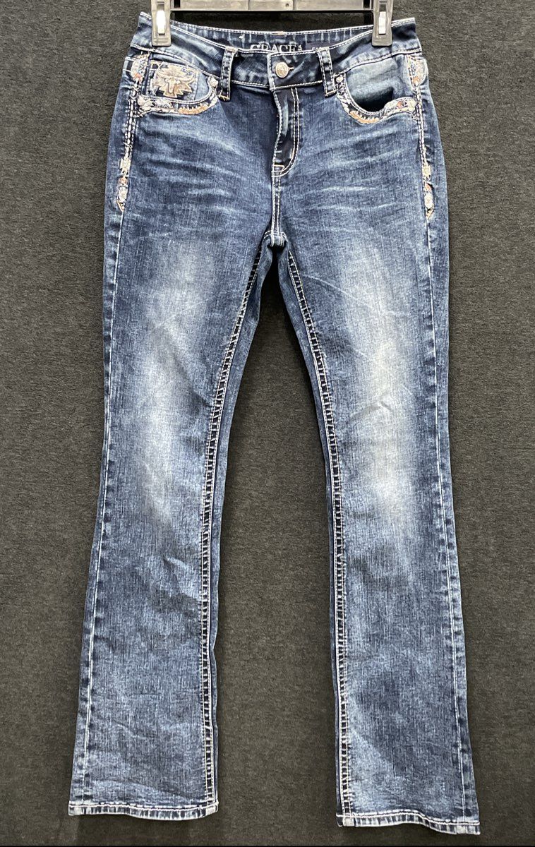Grace in LA Women's Blue Distressed Cactus Steer Embroidery Easy Fit Jeans Sz 28