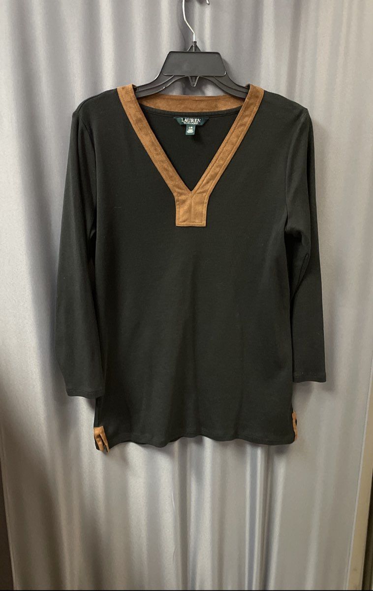 Lauren Ralph Lauren Women's Black V-Neck Shirt Tan Faux Suede Trim Split Hem L