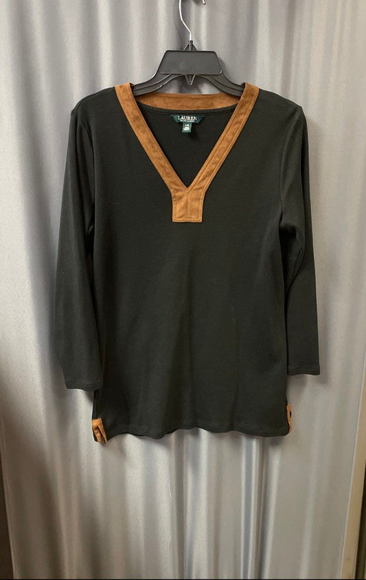 Lauren Ralph Lauren Women's Black V-Neck Shirt Tan Faux Suede Trim Split Hem L
