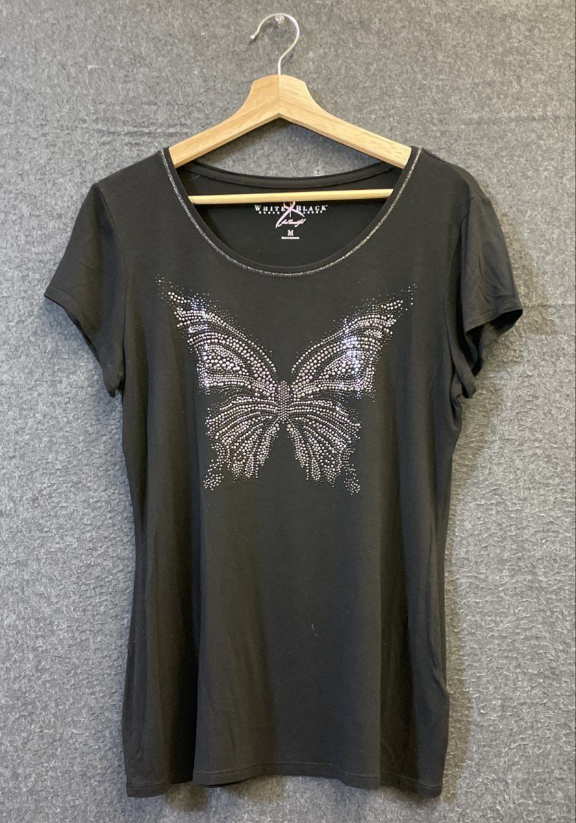 White House Black Market Women's Black Rhinestone Butterfly Embellished Shirt M