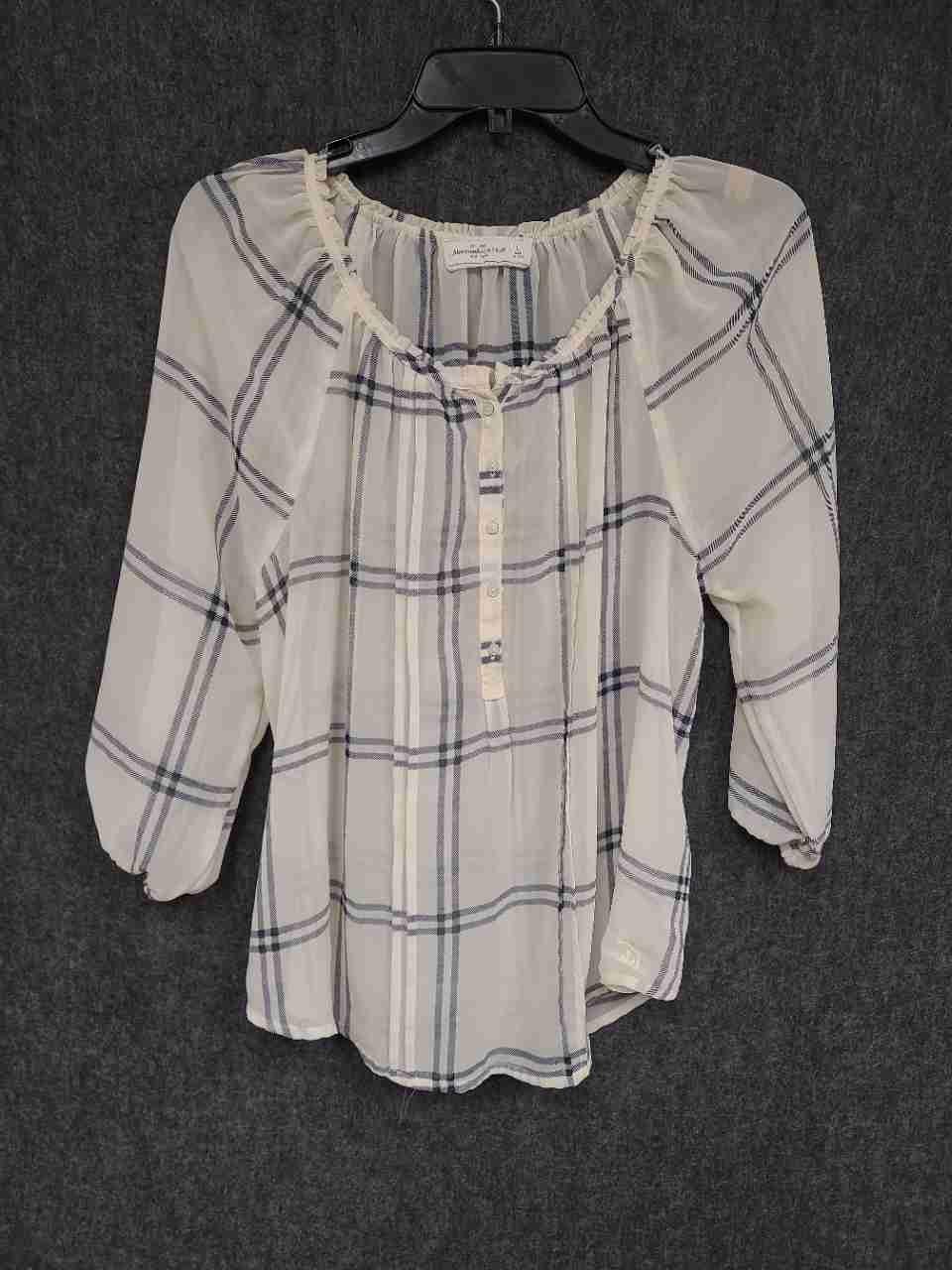 Abercrombie & Fitch Women's White Blue Plaid Sheer Henley Blouse Sz L