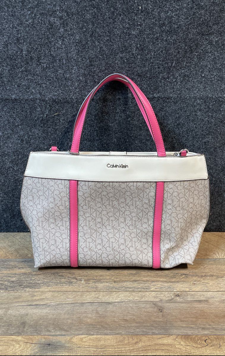 Calvin Klein White & Pink Monogram Canvas Satchel Shoulder Bag Purse