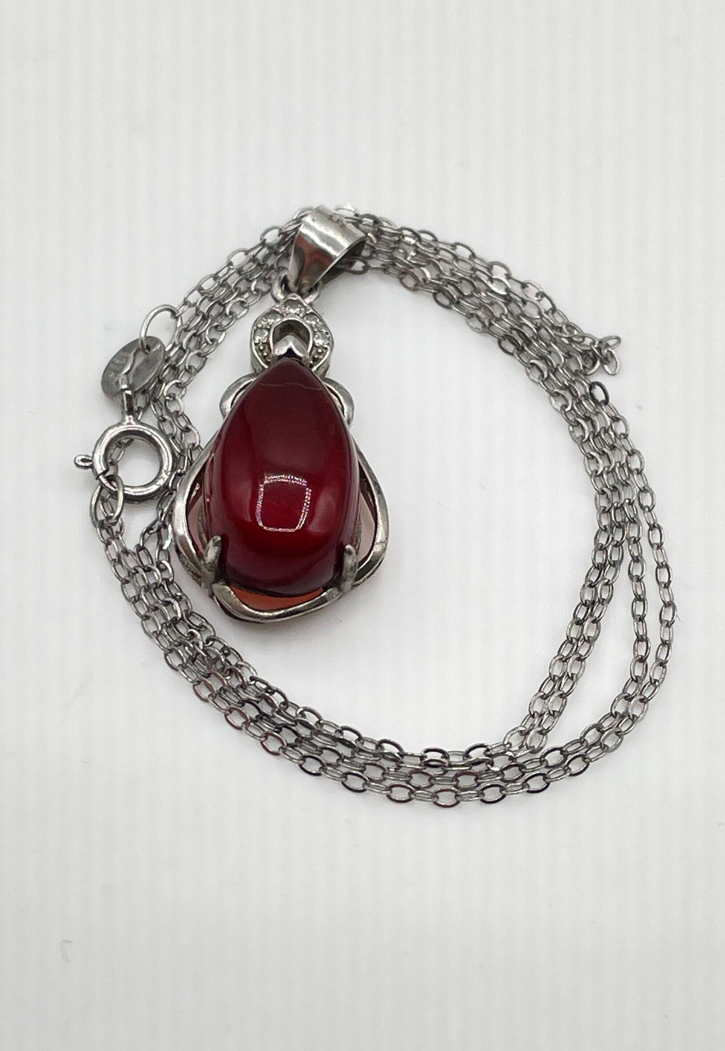 925 Sterling Silver Teardrop Amber W/ CZ Accents Pendant Necklace 2.1g