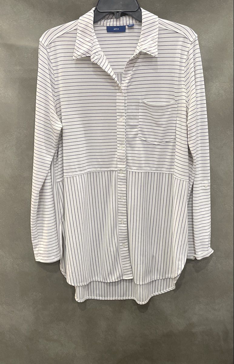 Apt. 9 Women's White Striped Mixed Pattern Long Sleeve Button Up Blouse Size L