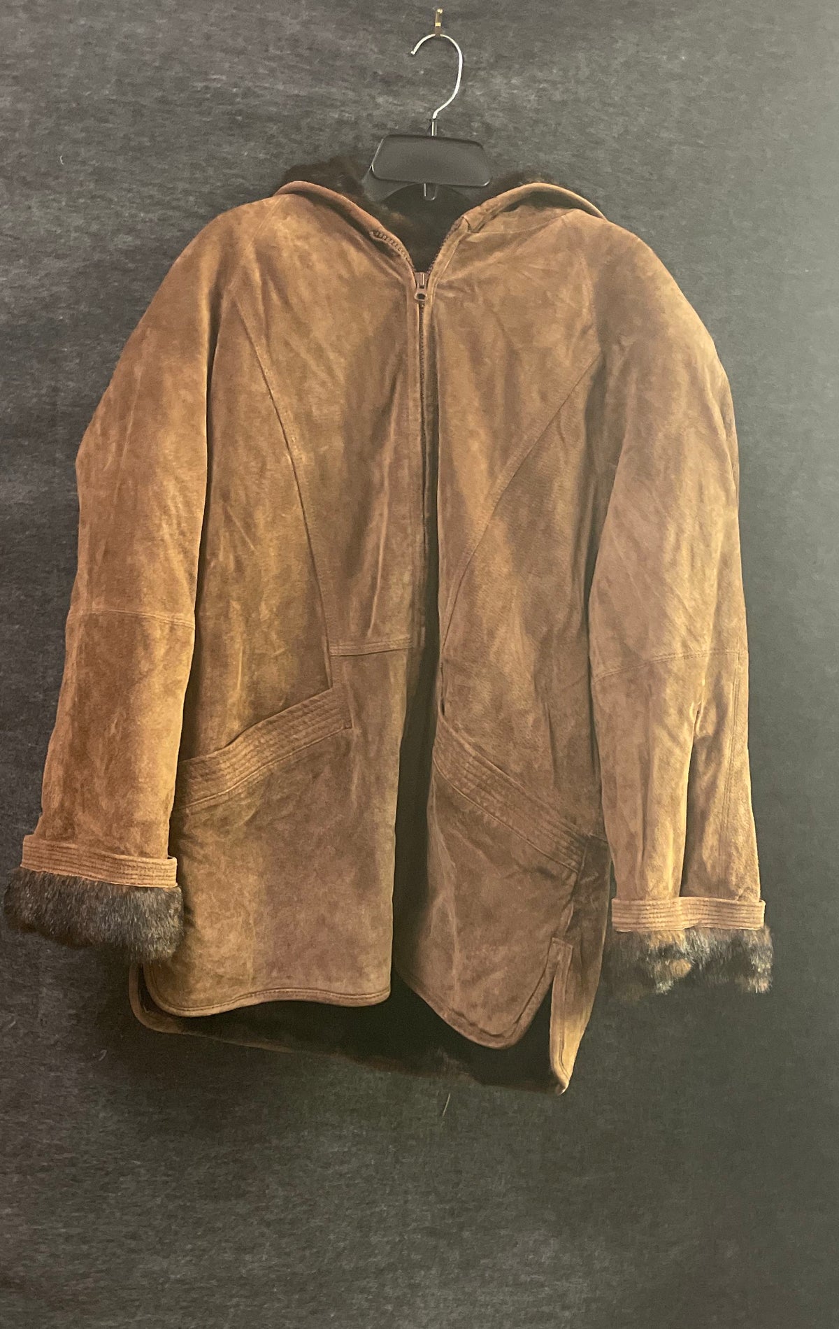 St. John's Bay Women's Brown Leather Faux Fur Trim Hooded Zip Up Jacket Sz M