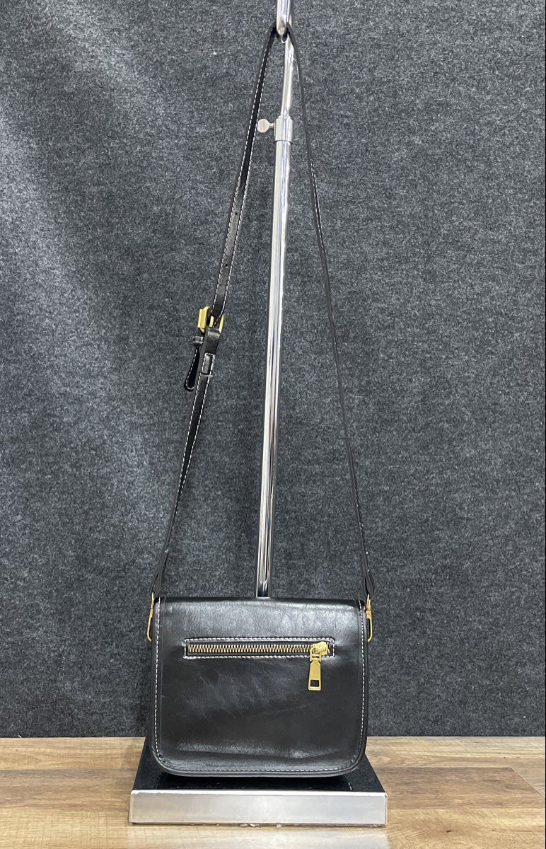 Black Leather Crossbody Bag Gold Hardware White Contrast Stitching Small