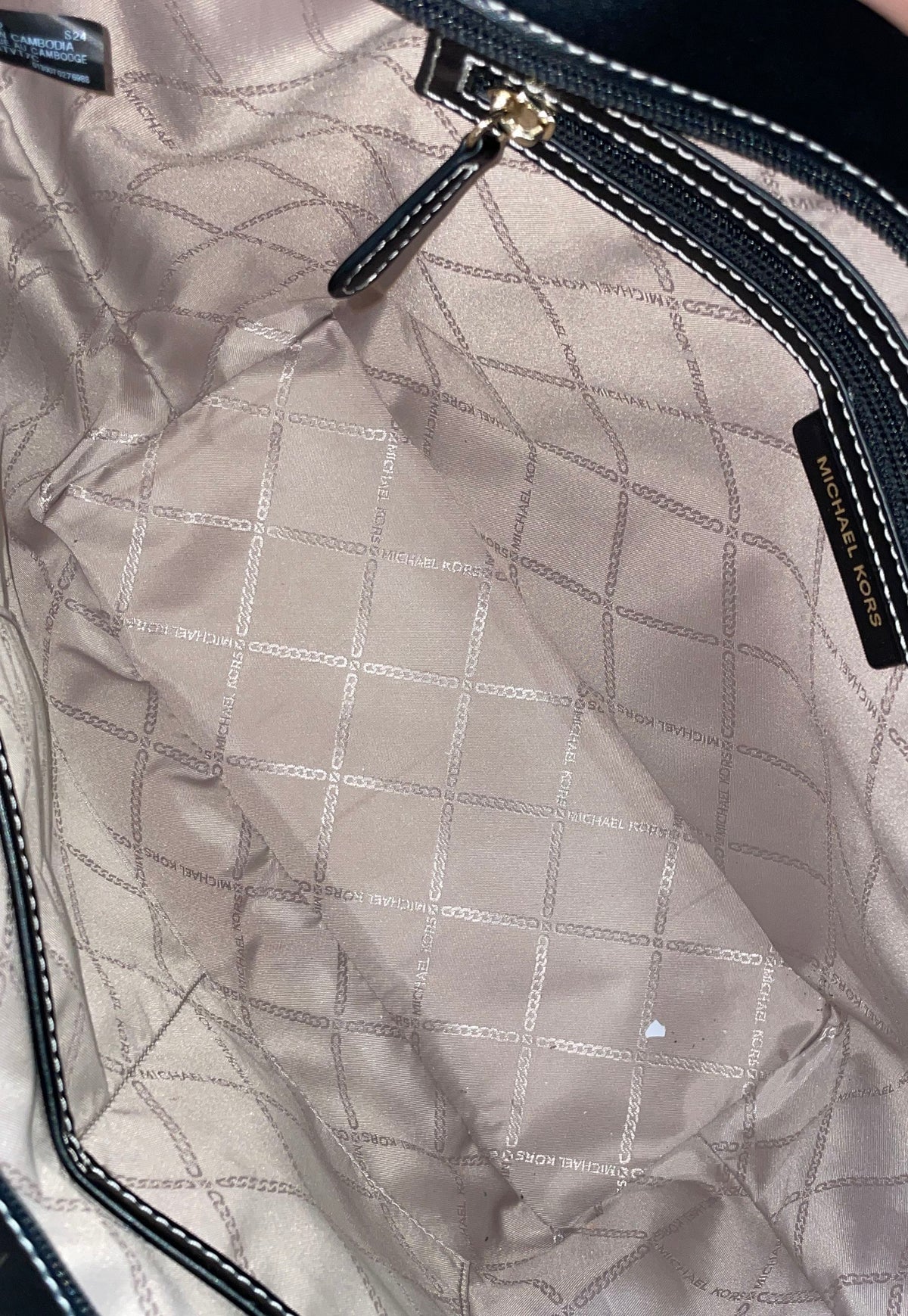 Michael Kors Off-White Canvas Black Leather Trim Zip Top Tote Bag Gold Tone