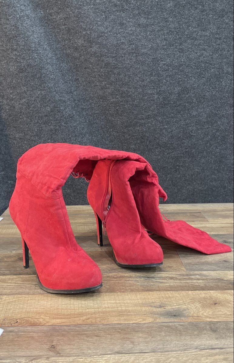 Lifted Red Suede Lace Up Over The Knee Stiletto Platform Boots Size 8.5