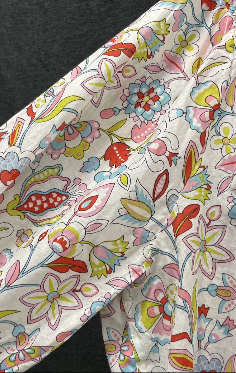 Boden Women's Multicolor Floral Cotton Split Neck Blouse Striped Trim Sz 20/22