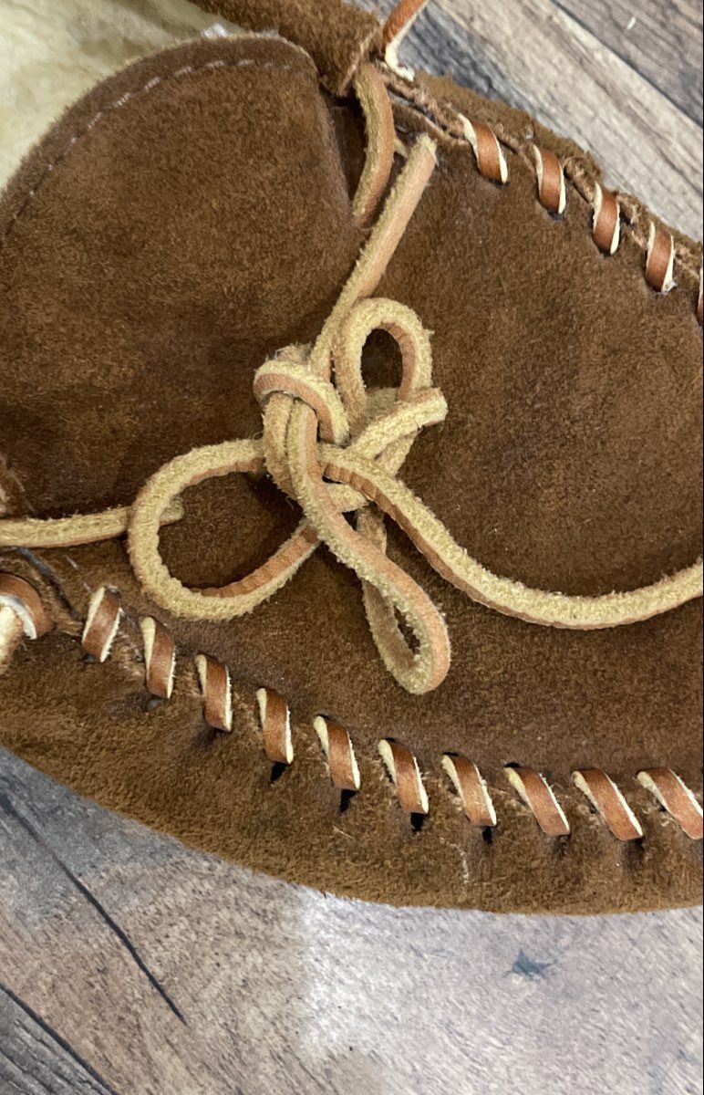 Brown Suede Shearling Lined Moccasin Slippers Soft Sole Loafers 12 Inch Length