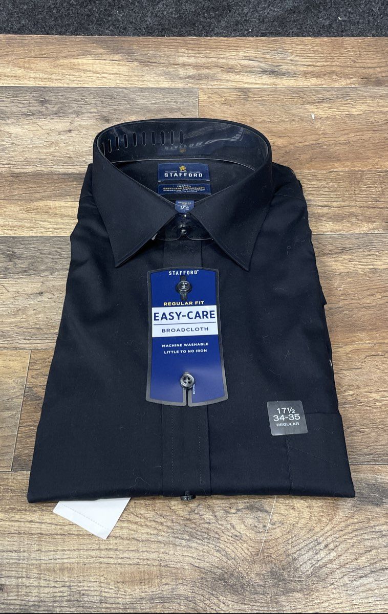 Stafford Men's Black Easy-Care Broadcloth Dress Shirt Reg Fit 17.5 34-35 NWT