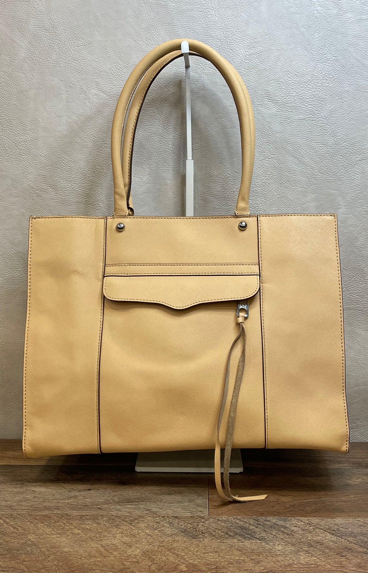 Rebecca Minkoff Beige Saffiano Leather Tote Bag Silver Hardware Leopard Lining