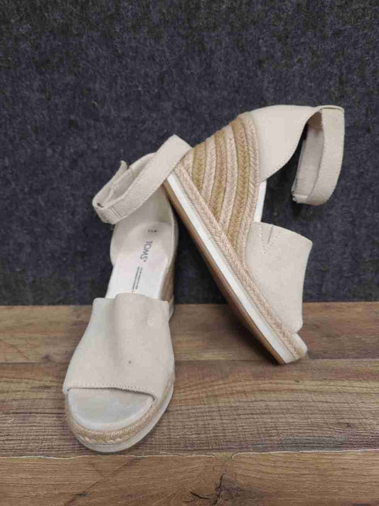 TOMS Cream Canvas Jute Wrapped Wedge Ankle Strap Sandals Women's Size 5.5