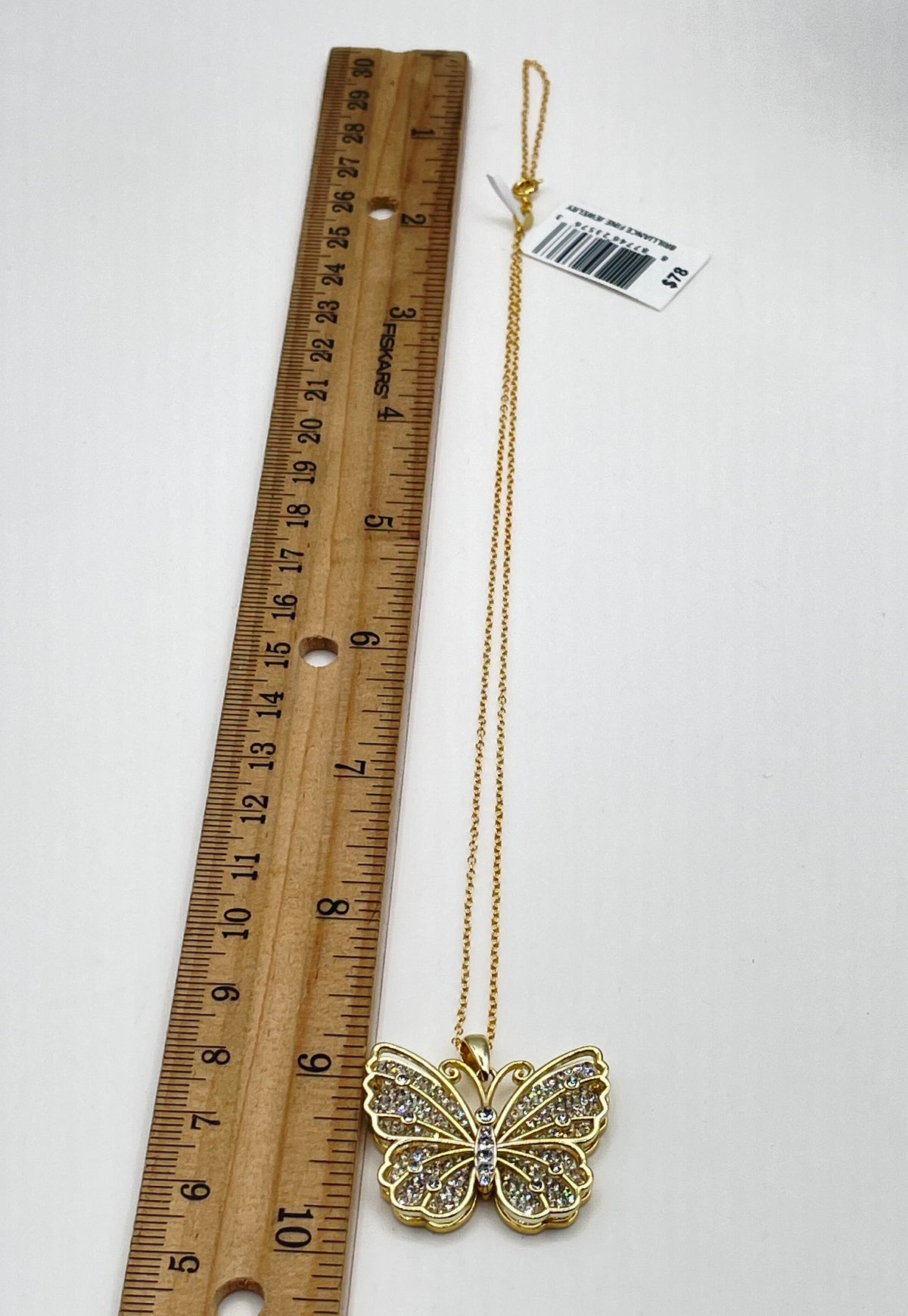 925 Sterling Silver Gold Tone Rhinestone Butterfly Pendant Necklace 7.8g