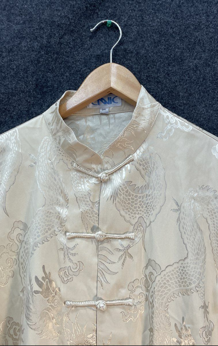 CNNIC Men's Tang Suit Cream Dragon Jacquard Short Sleeve Frog Button Sz 3XL