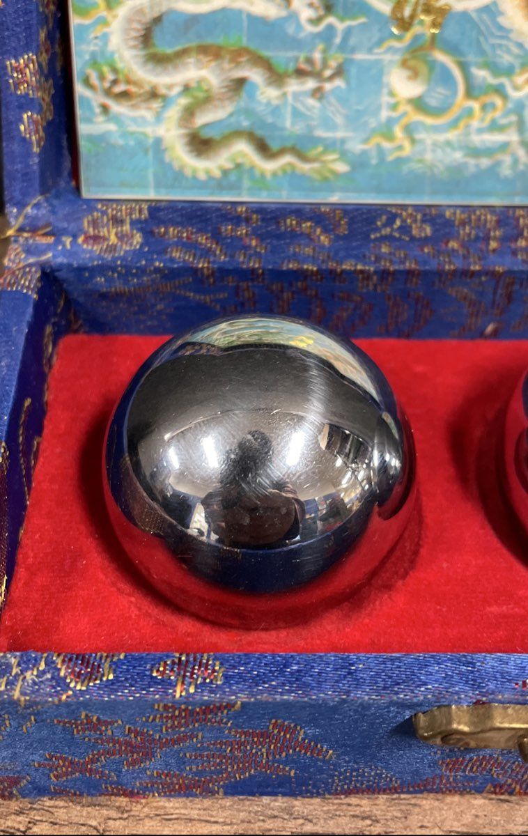 Vintage Chinese Baoding Health Balls Metal Chime Dragon Brocade Box Complete