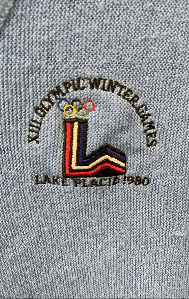 Vintage 1980 Lake Placid Winter Olympics V-Neck Sweater Etonic Blue Sz L