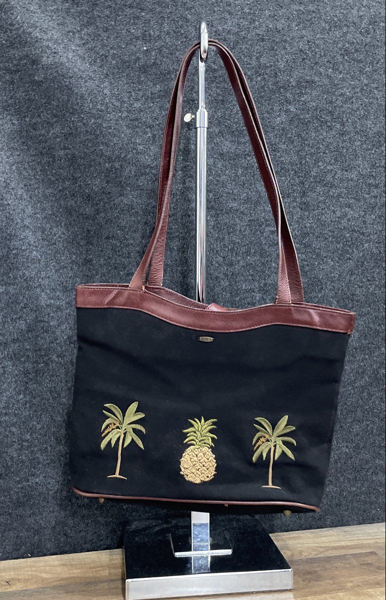 Vintage Scala Black Fabric Brown Leather Tropical Pineapple Palm Tree Tote Bag