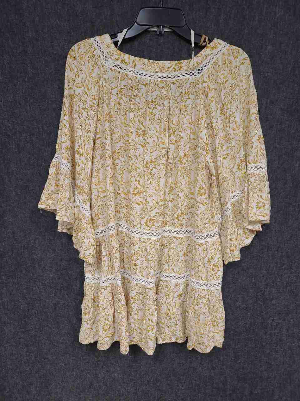 Free People Women's Yellow Floral Lace Bell Sleeve Tunic Mini Dress Sz S