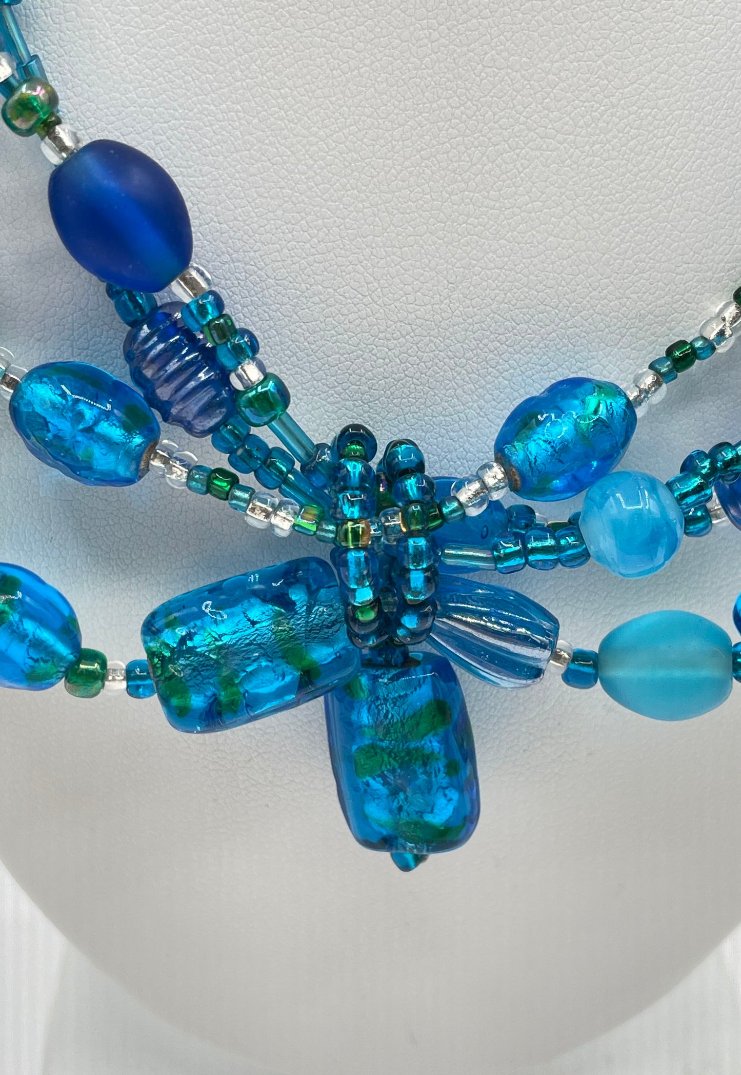 925 Clasp Blue Glass Bead Multi-Strand Chunky Necklace 106g