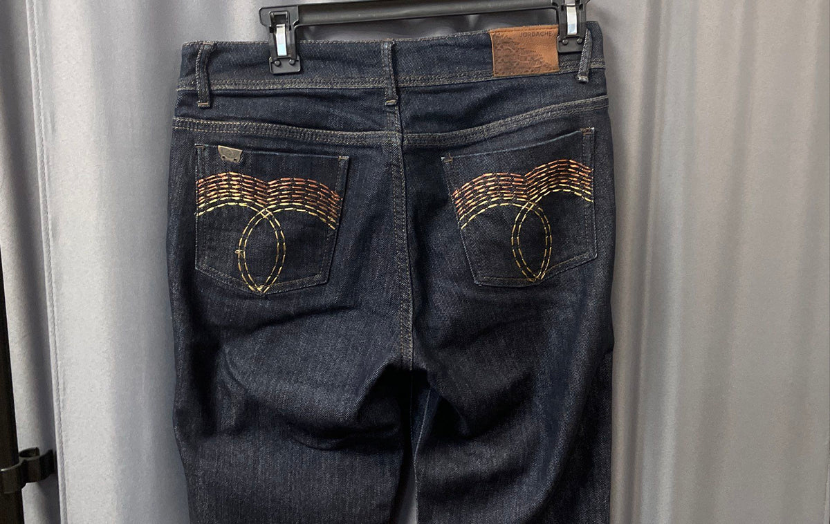 Jordache Legacy Women's Alexis Dark Blue Bootcut Jeans Decorative Pockets Sz 6