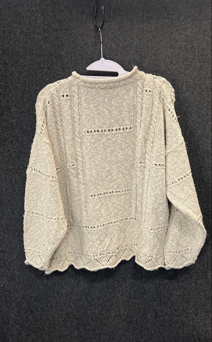 Tivoli Women's Vintage 90s Beige Pointelle Cable Knit Scalloped Sweater Sz M