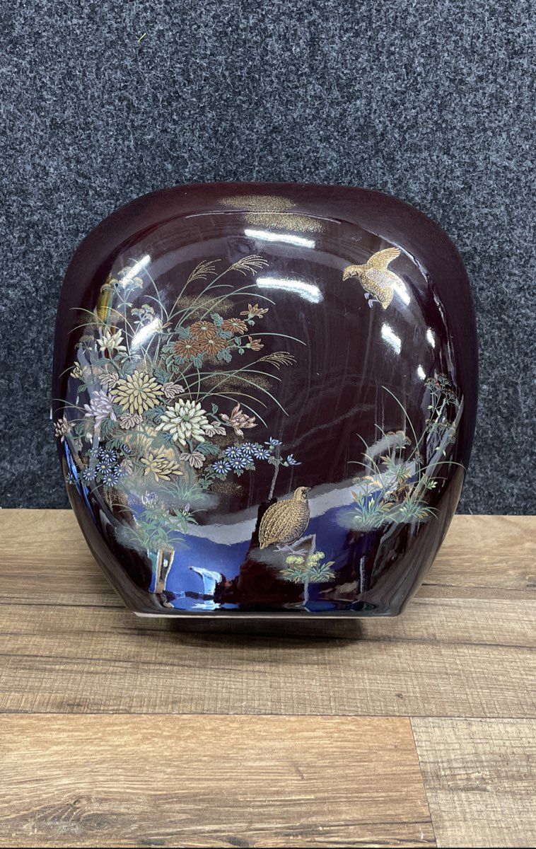 Vintage Japanese Ceramic Oval Vase Gilt Quail Birds Floral Motif Black Glaze