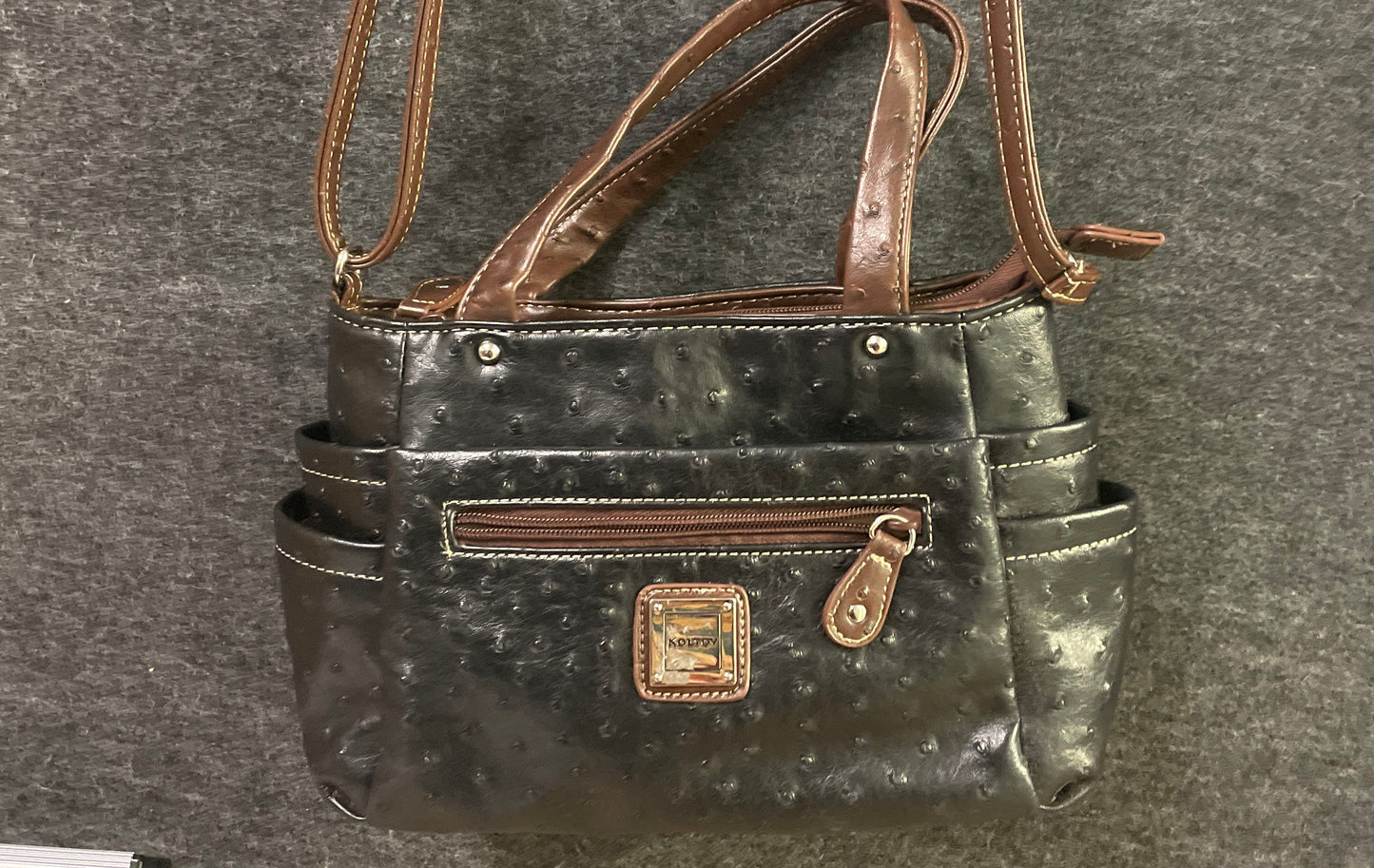 Vintage Koltov Black Ostrich Embossed Satchel Crossbody Handbag Brown Trim