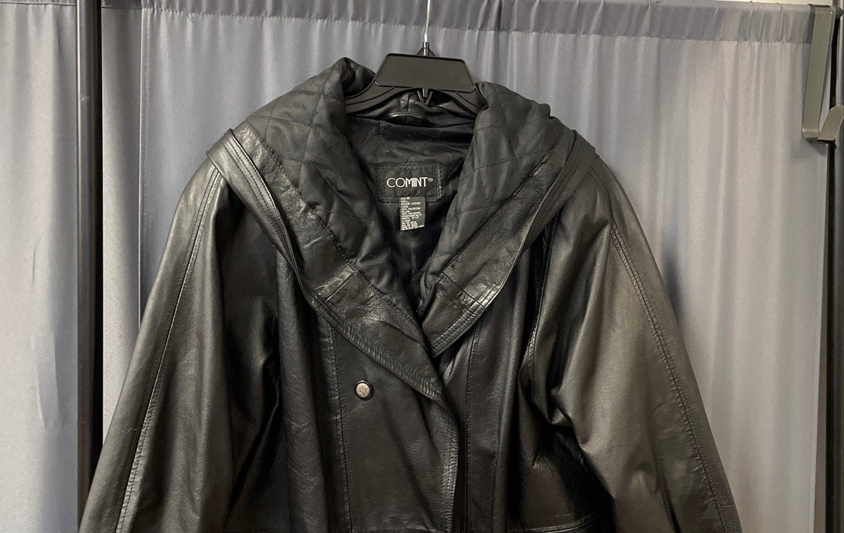 Vintage 90s Comint Women's Black Leather Hooded Double Breasted Jacket Sz M