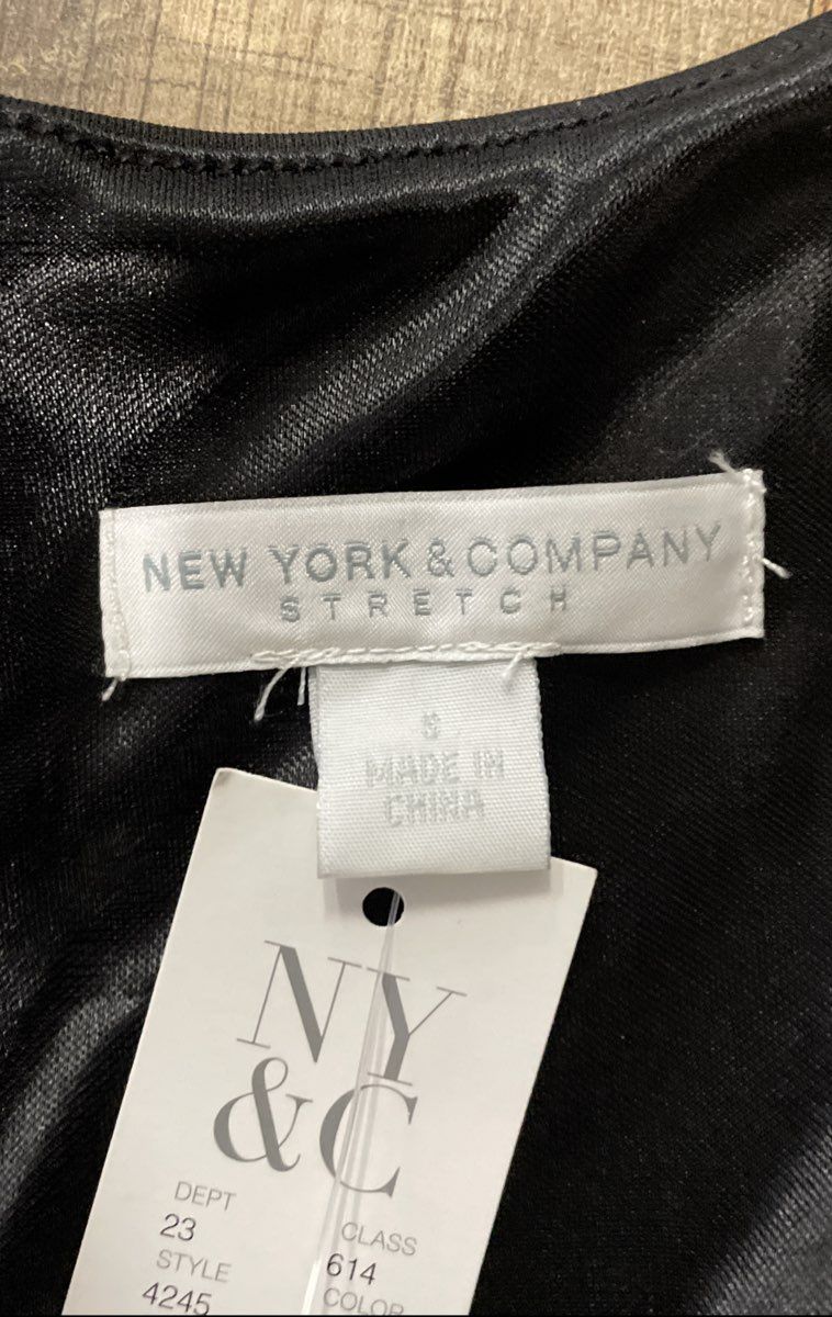 New York & Co Women's Black Sleeveless Sheath Pleated Lace Hem Dress NWT Sz S