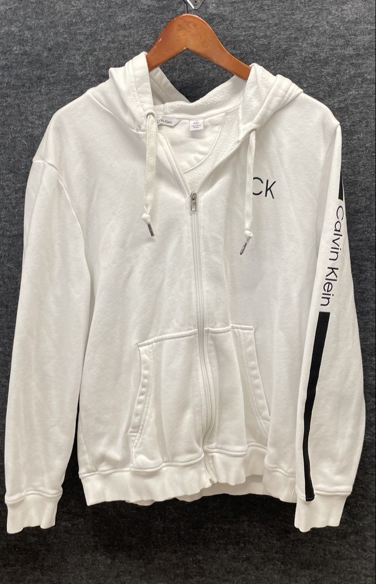Calvin Klein Women's White Full Zip Hoodie CK Logo Sleeve Stripe Size L