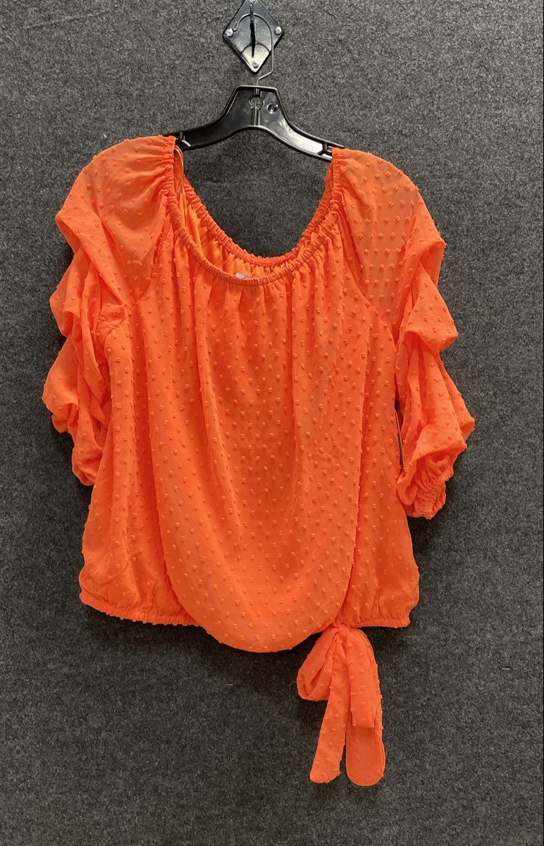 Cece Women's Orange Swiss Dot Ruffle Sleeve Side Tie Blouse Top Size L