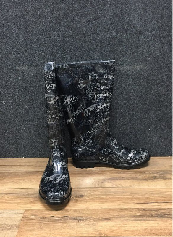 Nicole Miller Rena Black White Graffiti Print Tall Rain Boots Women's Size 11