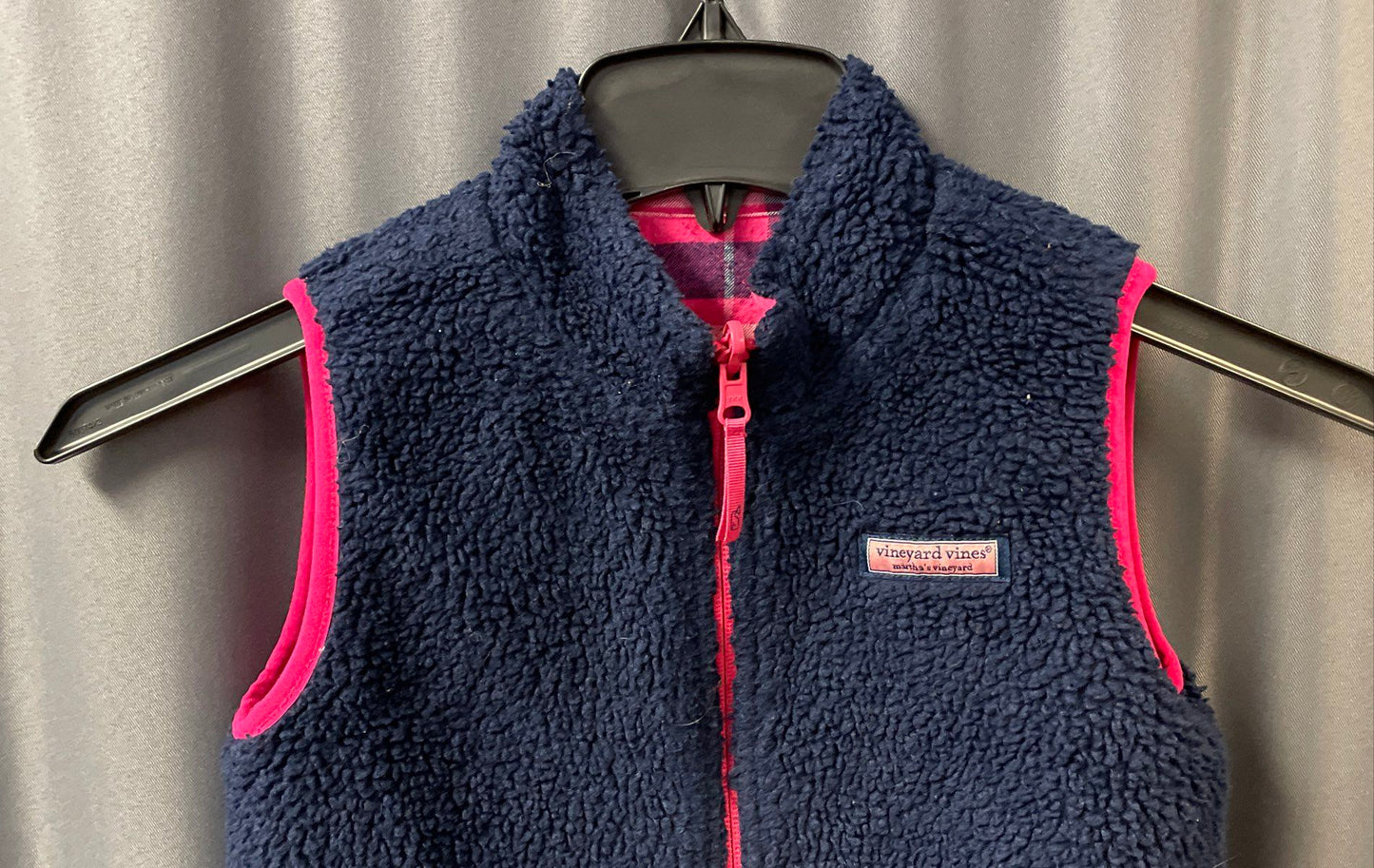 Vineyard Vines Kids Blue Sherpa Pink Plaid Reversible Full Zip Vest Sz S