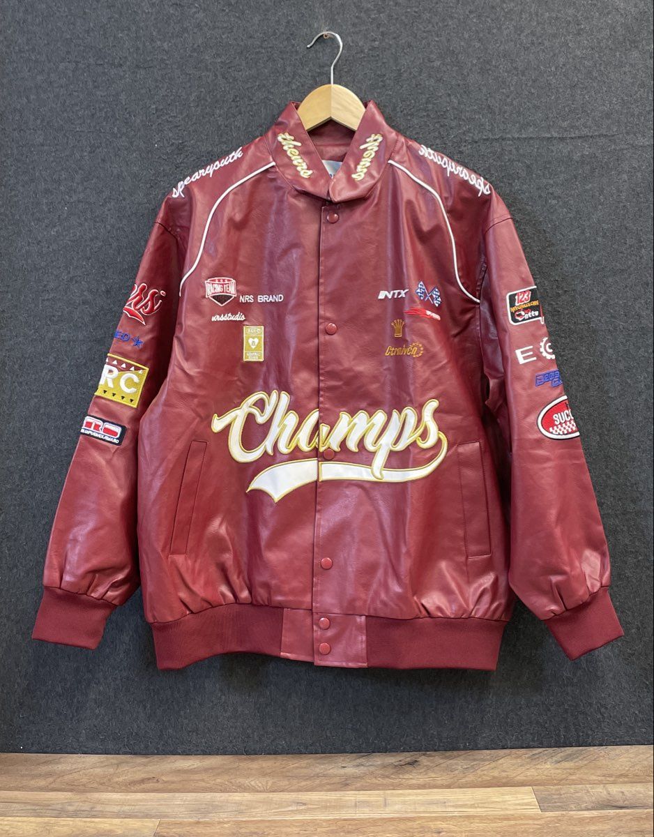 Elfric Eden Men's Faux Leather Varsity Racing Jacket Burgundy Patch NWT Sz XS