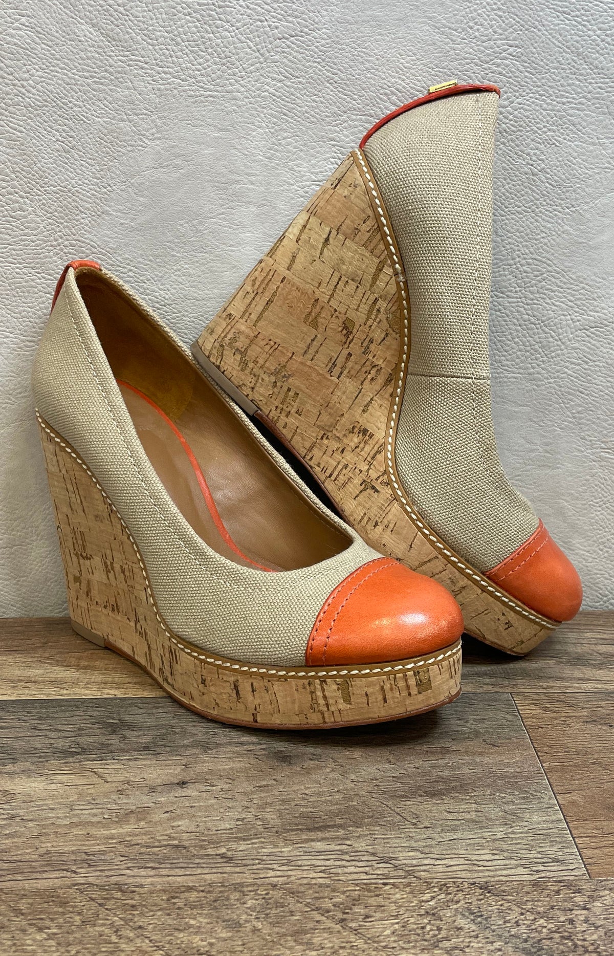 Tory Burch Canvas Orange Leather Toe Cork Platform Wedge Heels Size 7M