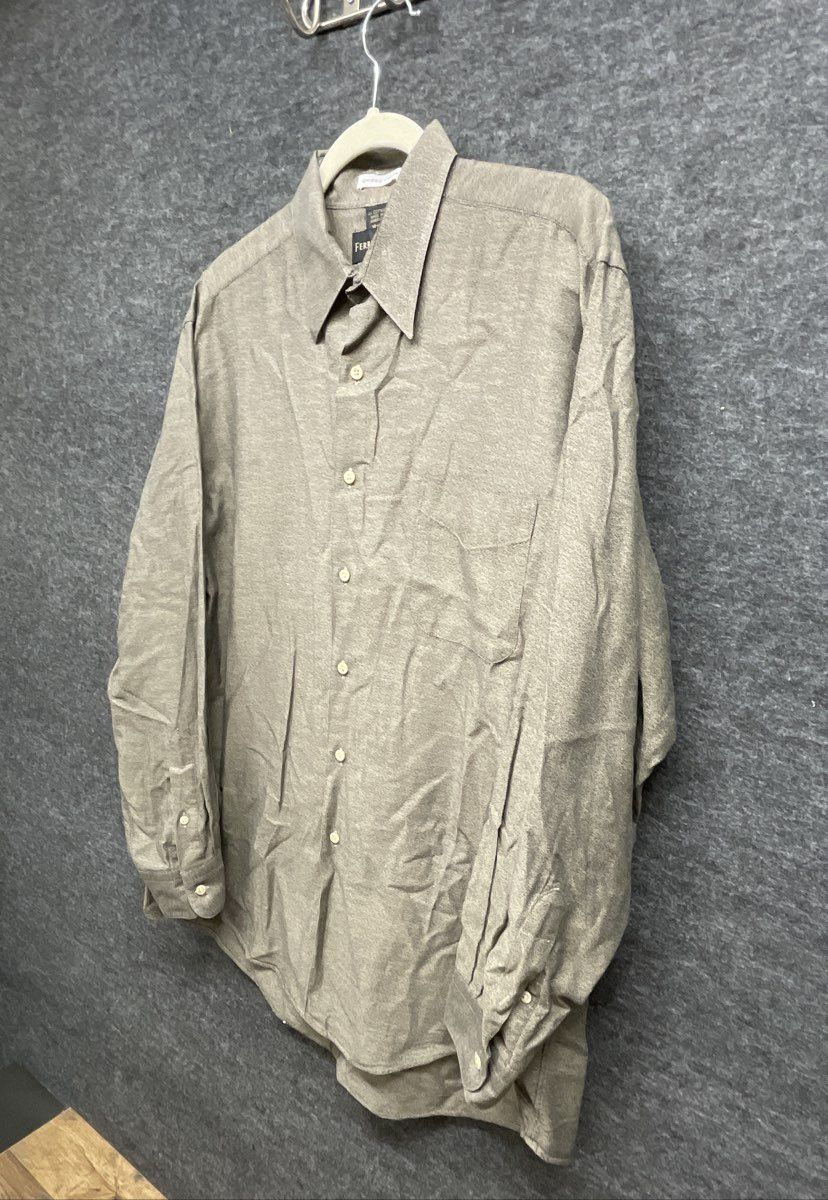 Vintage Ferrell Reed Men's Olive Gray Dobbs Cloth Button Up Shirt USA Sz 16-34