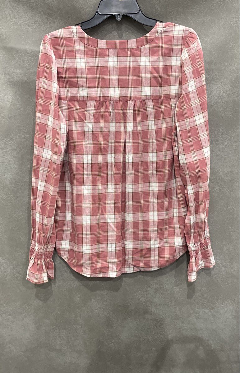 LOFT Women's Pink Plaid Rayon Linen Pintuck Popover Blouse Ruffle Cuff Sz M