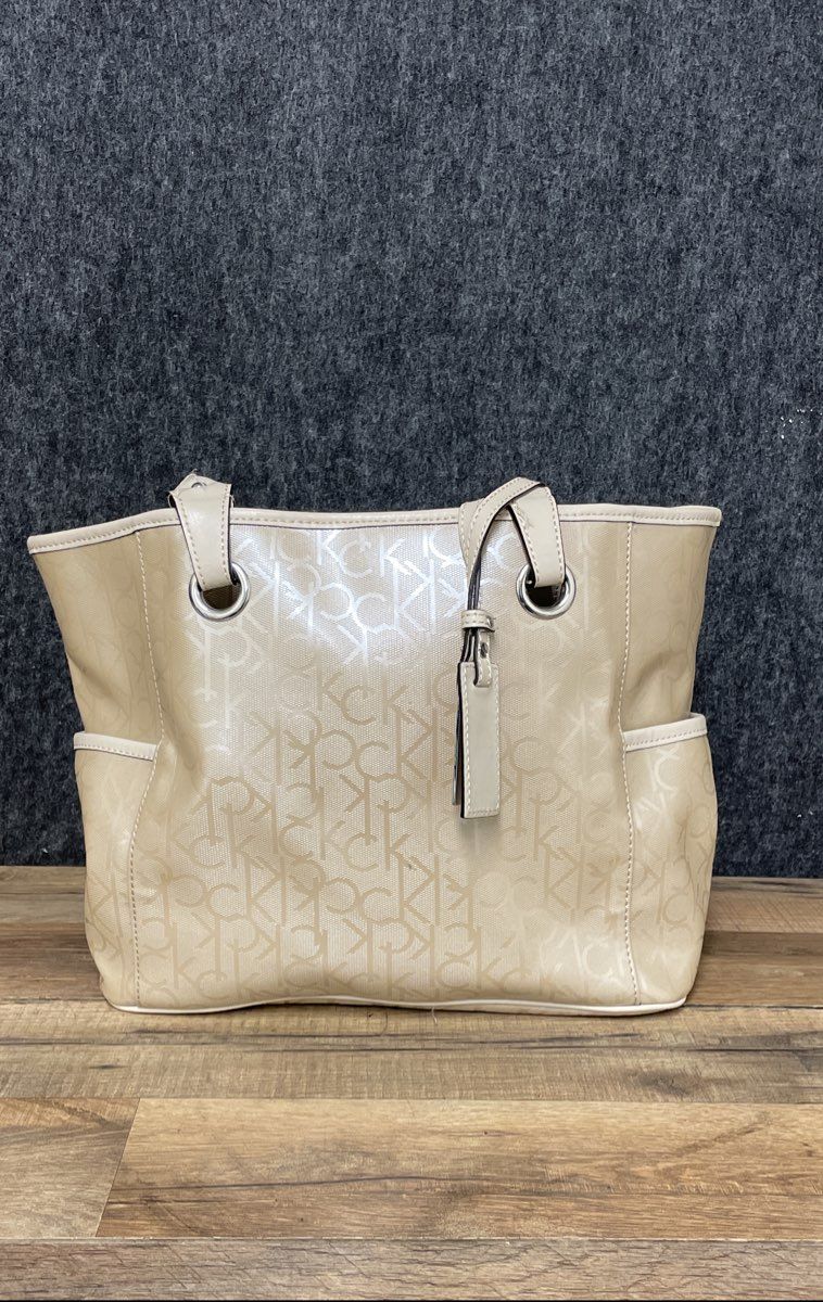 Calvin Klein Beige Monogram Coated Canvas Tote Bag Silver Hardware