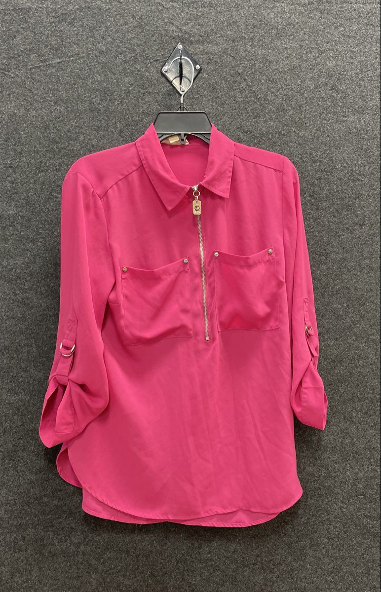 Michael Kors Women's Pink 1/4 Zip Roll Tab Sleeve Pocketed Blouse Tunic Sz M