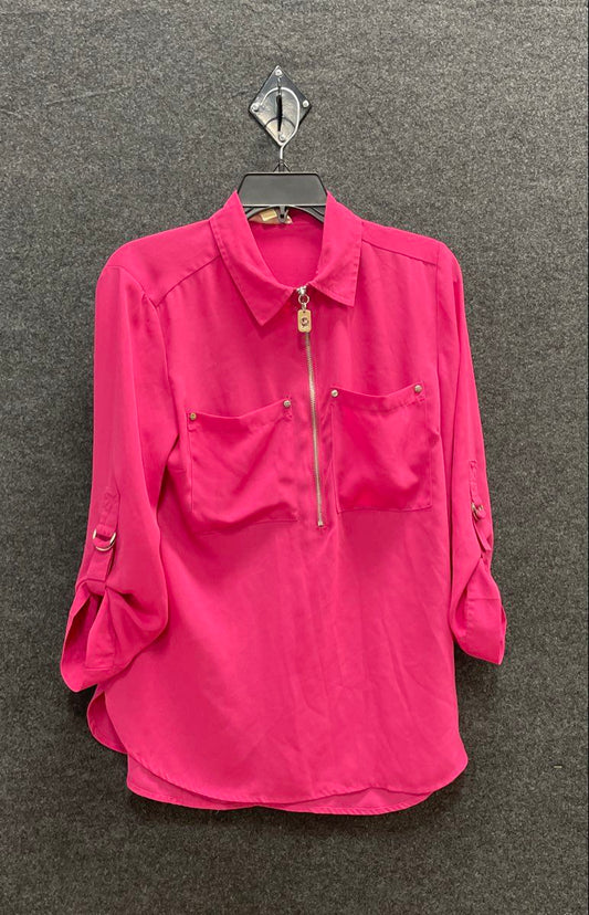 Michael Kors Women's Pink 1/4 Zip Roll Tab Sleeve Pocketed Blouse Tunic Sz M