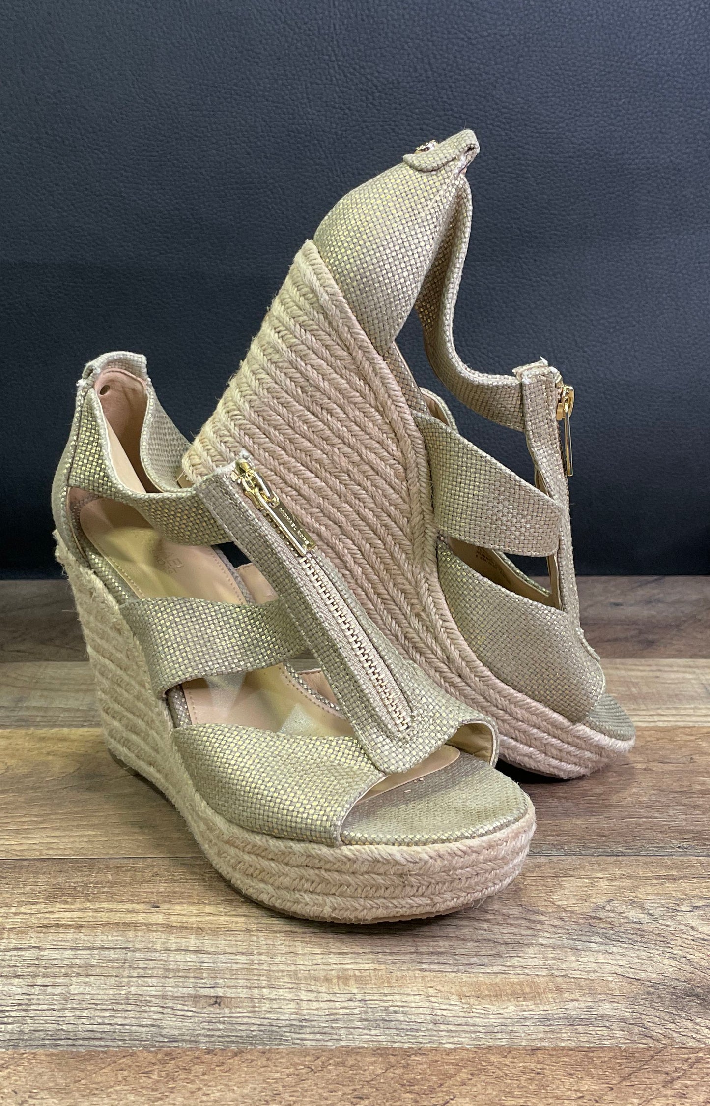 Michael Michael Kors Damita Gold Metallic Espadrille Wedge Sandals Size 6.5