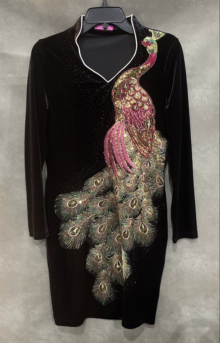 Vifeinidi Women's Black Velvet Sequin Peacock Long Sleeve Tunic Dress Rhinestone