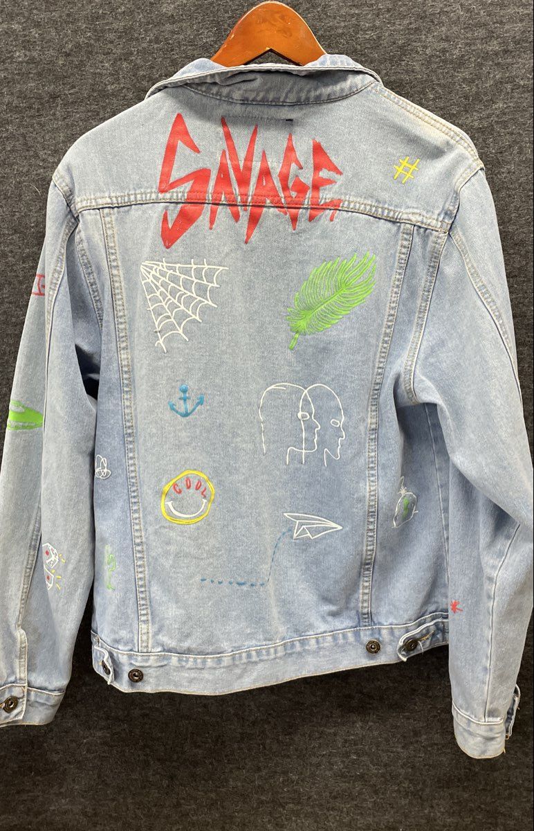 Trademark Brooklyn Cloth Men's Blue Graphic Doodle Denim Trucker Jacket Sz M