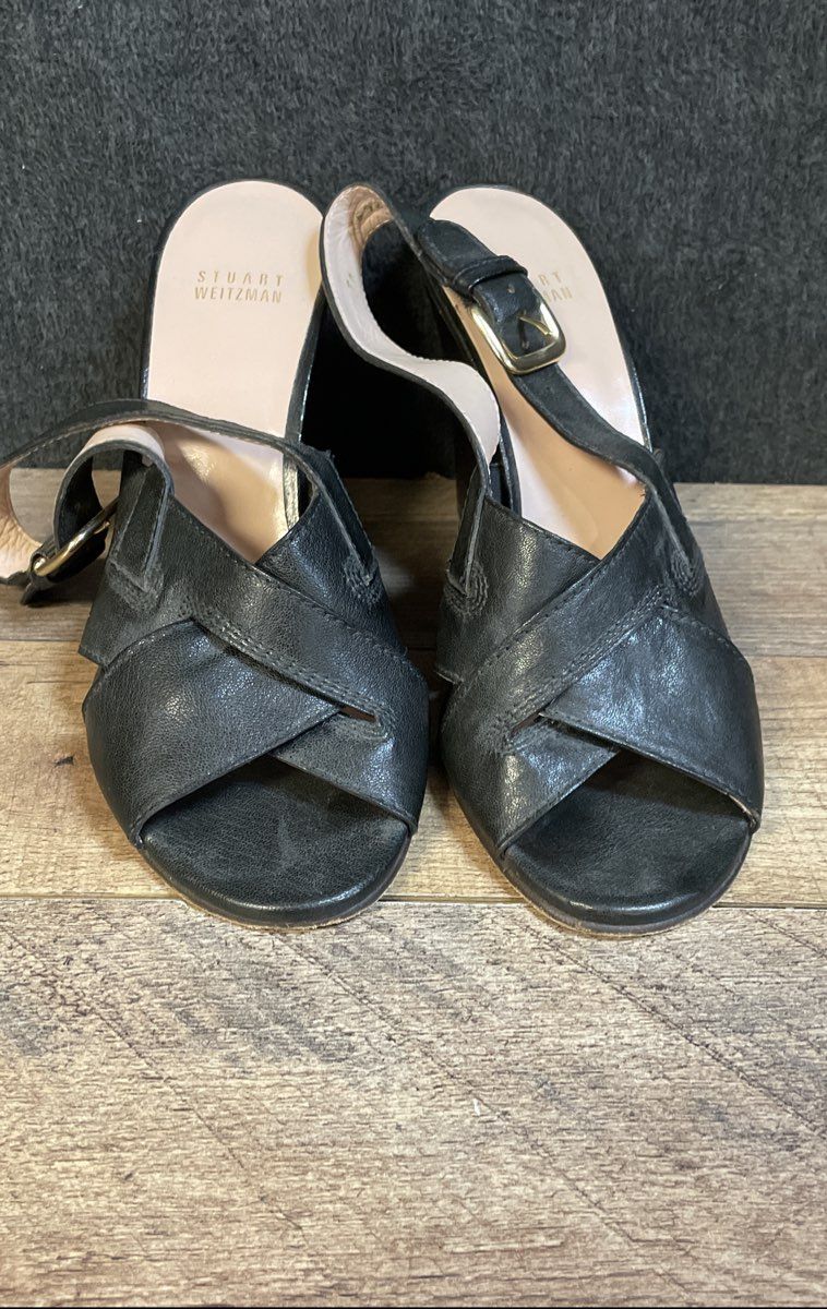 Stuart Weitzman Black Leather Cross Strap Slingback Wedge Sandals Size 8M